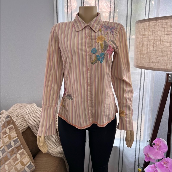 Johnny Was Striped Embroidered Floral Button Up Size M Women's Top Shirt Blouse - Picture 4 of 12